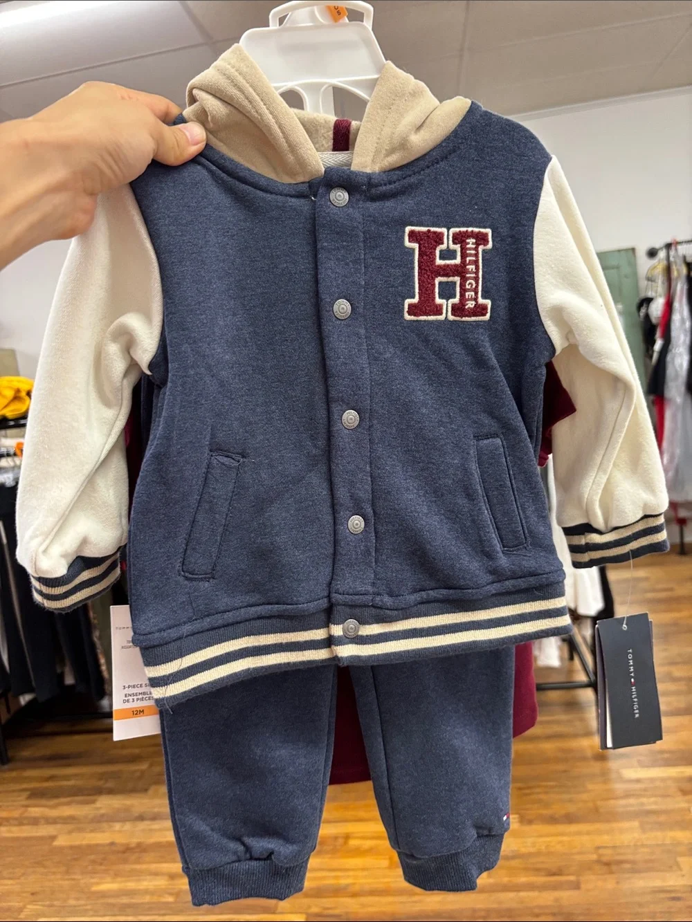 Tommy Hilfiger baby boy fleece hooded baseball jacket 3 piece set 12 months